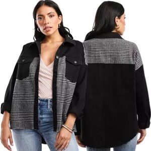 BKE Pieced Flannel Denim Stretch Jacket Womens Small Black Gray Wool Houndstooth